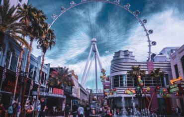 Vibrant urban scene with High Roller Ferris Wheel in Las Vegas, Nevada.