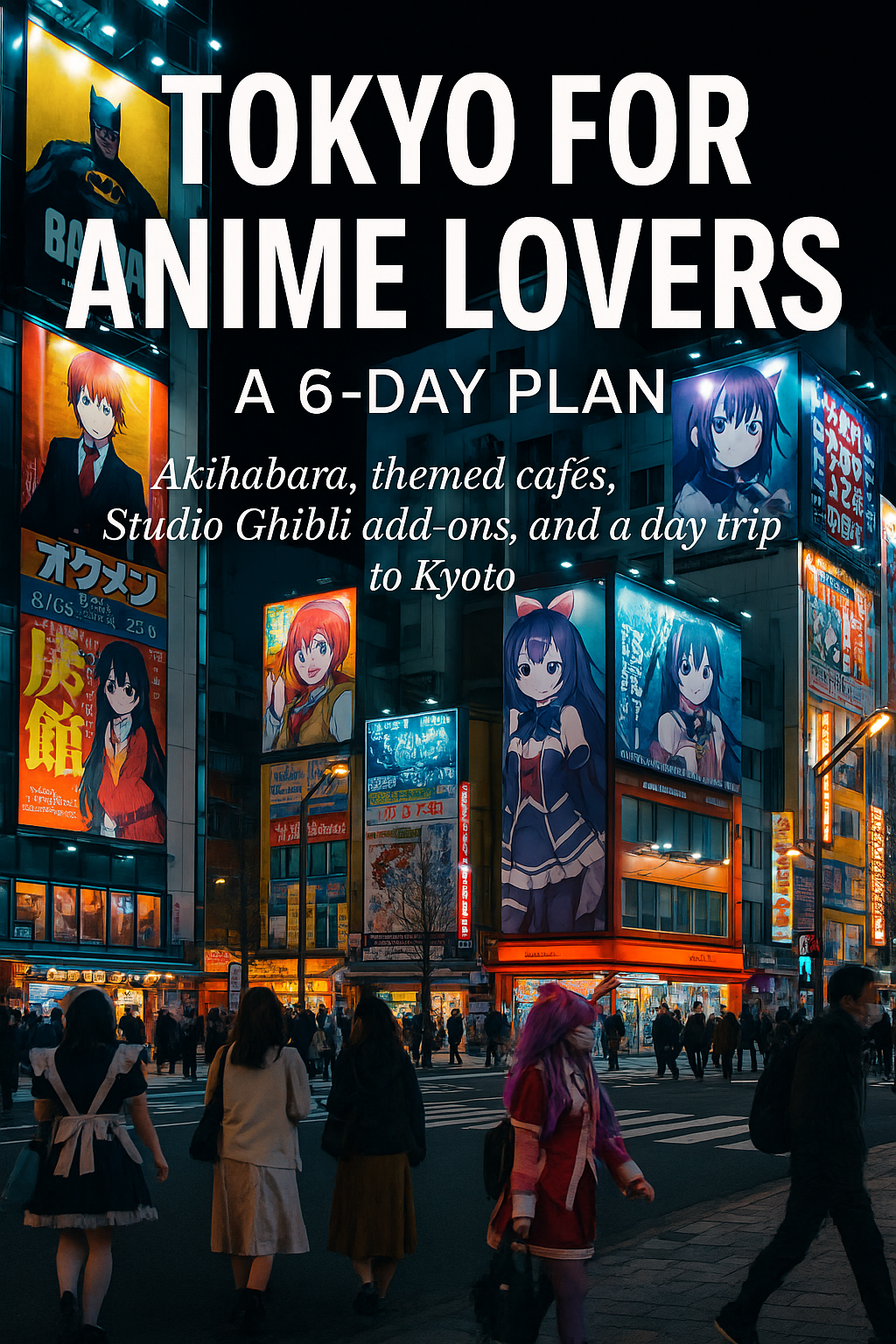 Akihabara at night with neon anime billboards