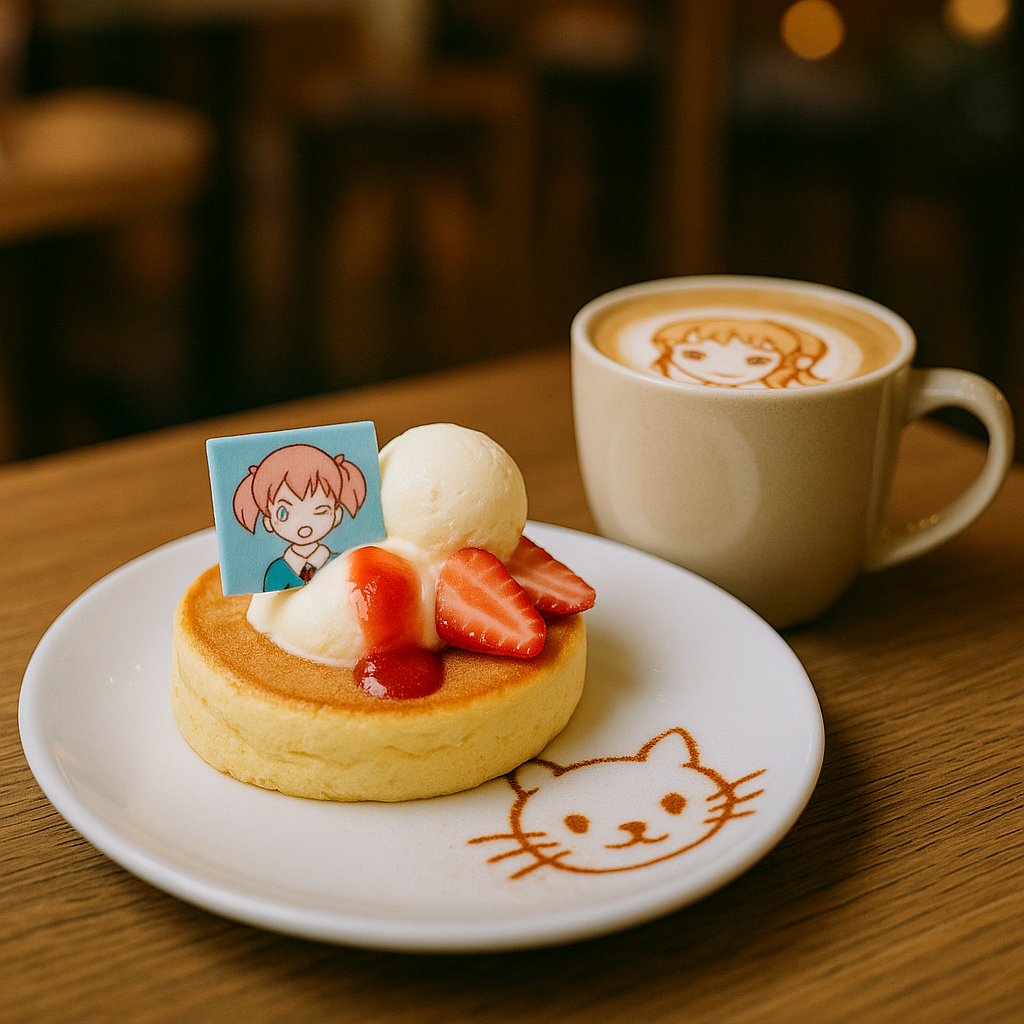 Cute anime-themed cafe dessert with latte art